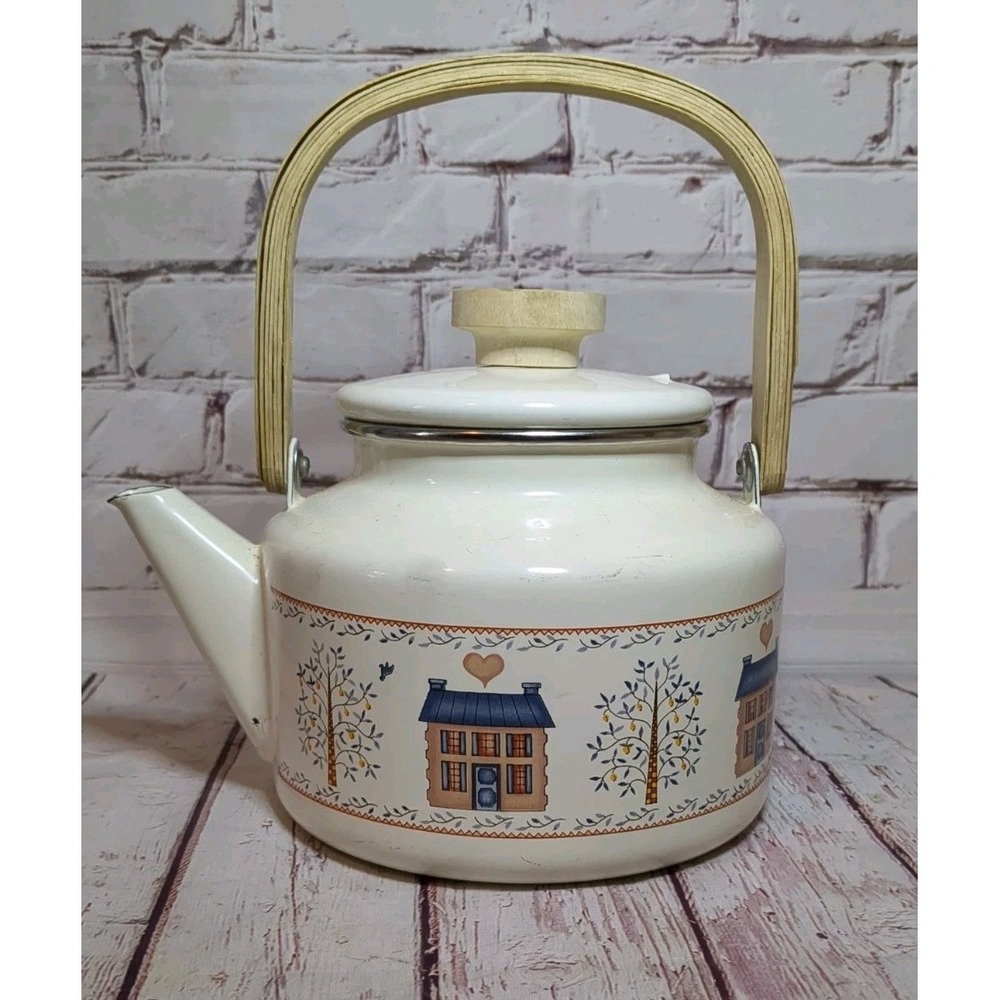 Vintage White & Pink Enamel Teapot with‎ House Design Cottage Granny Core